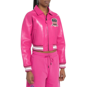 <b>Pink</b> PU Bomber <b>Jacket</b> With Embroidered Patch Design Turn-Down Collar Zipper Closure Streetwear Style Short Length - Product Image 4