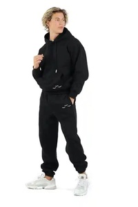 <b>Boys</b> Black Hooded Tracksuit Full Length Solid Color Cotton Casual Regular Fit With Side Pockets Elastic Waist Autumn Wear - Product Image 4