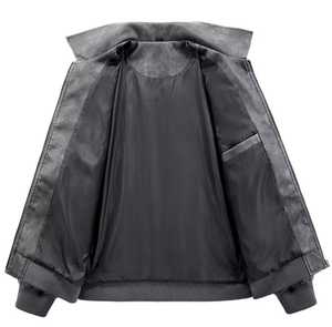 Veste en cuir véritable pour homme, coupe slim, imperméable, style motard, col montant, fermeture éclair, design avec patch brodé, couleur unie - Product Image 3