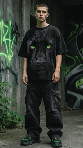 Camiseta de Manga Corta con Cuello Redondo para Hombre, Diseño de Pantera Negra con Ojos Verdes, Estampado Digital, Estilo Casual, Algodón Jersey, Talla Grande, Ecológica - Product Image 5