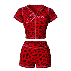 Trendy Leopard Women's <b>Sets</b> Custom Logo Y2K Ribbed Zip Hoodie Shorts 2 Piece <b>Set</b> Women Street Style <b>Sets</b> for Women - Product Image 1