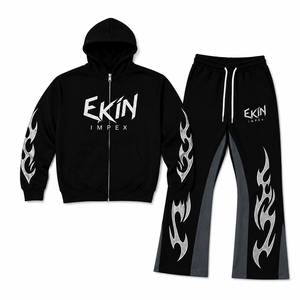 Ensemble survêtement homme avec sweat à capuche zippé et pantalon de survêtement imprimé flamme noire - Product Image 1