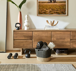 Minimalist Modern Solid Teak <b>TV</b> <b>Stand</b> Durable Low Profile Natural Finish Media Console Living Room Credenza Cabinet - Product Image 5