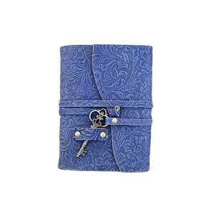 Blue Embossed Leather Diary Hardcover Journal with Key Lock and Floral Pattern Gift <b>Notebook</b> - Product Image 1