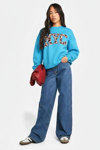 Women Oversized Crew Neck <b>Sweatshirt</b> Light Blue <b>Leopard</b> <b>Print</b> Letter Front Regular Sleeve Autumn Knitted Cotton 100% - Product Image 3