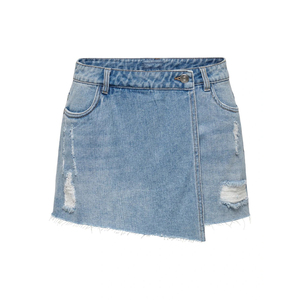 Falda vaquera asimétrica de cintura alta, ajustada, azul claro, con efecto desgastado, rasgada y con dobladillo deshilachado, estilo casual de verano, tejido transpirable. - Product Image 1