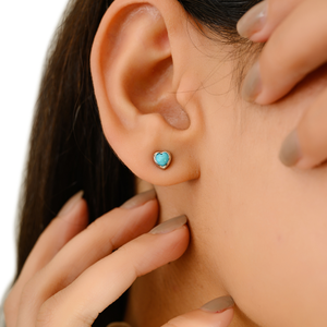 Light Weight Minimalist Dainty Bezel Set <b>Turquoise</b> Gemstone Heart Shape <b>Stud</b> <b>Earrings</b> Graduation Gift 14K White Gold Jewelry - Product Image 6