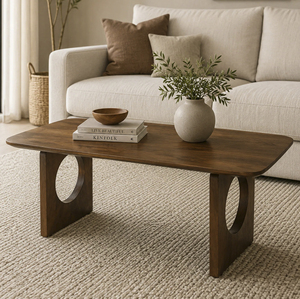 Mesa de Centro Moderna con Superficie de Madera Ligeramente Curvada y Dos Patas Plegables Resistentes, Acabado Tubbaq, Madera de Mango Sólida, para Sala de Estar - Product Image 1