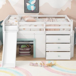 Letto a soppalco basso bianco a una piazza e mezza con scivolo, tre cassetti portaoggetti e due ante - Letti per bambini - Product Image 3
