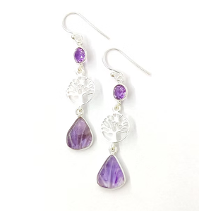 Two-Amethyst <b>Dangle</b> <b>Earrings</b> For Women Crafted 925 <b>Silver</b> - Minimalist Fine Trendy Jewelry Wholesale - Product Image 3