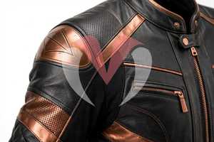 Veste de moto en cuir noir pour homme, couleur cuivre, à blocs de couleurs, manches longues, coupe-vent, style racing - Product Image 4