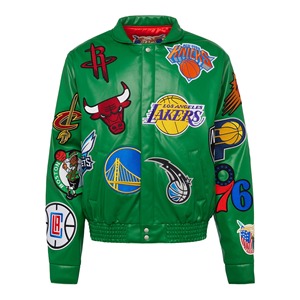 เสื้อแจ็คเก็ตหนังวีแกนแบบคอลลาจ สีเขียวเคลลี่ - Product Image 1