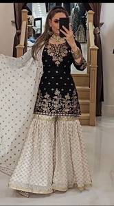 Women Traditional <b>Indian</b> Pakistani Wedding Dress Black Embroidered <b>Top</b> With Cream Flared Pants And Dupatta Floor Length Loose - Product Image 1