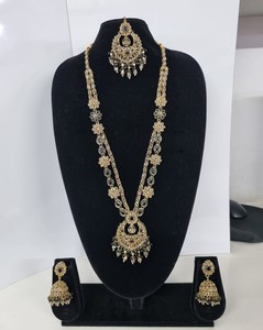 Delicate Floral Antique Gold Plated Kundan Rani Haar <b>Set</b> Long Necklace <b>Beads</b> Traditional Jhumkas 3 Wedding Engagement Party - Product Image 2