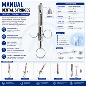 Jeringa Quirúrgica Dental Al Mida de Acero Inoxidable, Manual, con Certificación CE Clase II, Instrumento con Estándar ISO13485 y Diseño de Fácil Agarre - Product Image 6