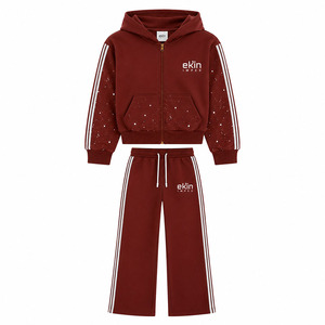 Ekin Impex Men's <b>Maroon</b> Hooded Sweatsuit Set Solid Color Stripe Design Casual Wear Autumn Season 100% Cotton Fleece Fabric - Product Image 1