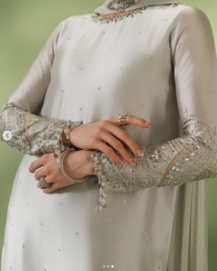 Elegant Women's Silver Silk Salwar Kameez With Embroidery Traditional Indian Pakistani Wedding Wear Regular Fit All Seasons - Product Image 3