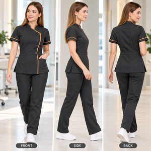 Conjunto de Uniforme Médico Unisex de Manga Corta con Cuello Alto, Blusa y Pantalón de Dos Piezas, Ropa de Trabajo de Tela Tejida con Ribete Dorado que Resiste la Detección por Agujas - Product Image 3