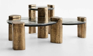 Table basse ronde minimaliste en bois, cadre en métal fait main, style mid-century modern, meubles de salon avec plateau en verre - Product Image 2