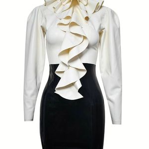 Black Yellow PU <b>Leather</b> Bodycon Midi Dress Long Sleeve O-Neck Contrast Color Block Zippers Party Wear - Product Image 1