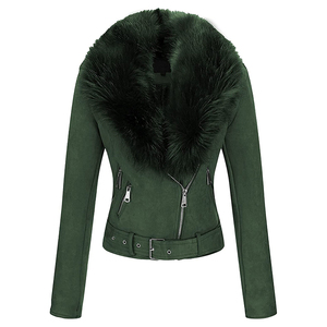 Veste moto en similicuir vert pour femme avec col en fourrure de renard, fermeture éclair, manches longues, style hiver, en cuir de vache véritable pour femme - Product Image 1