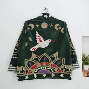Veste en velours vert brodée de fleurs, faite à la main, style bohème chic, ouverte sur le devant, manteau ethnique tendance pour femmes - Product Image 4