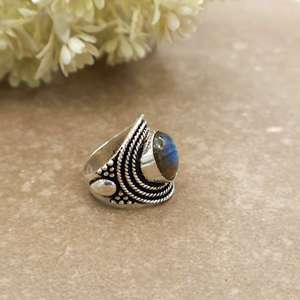 SHYAM JEWELRS Brass Natural Labradorite Bezel <b>Set</b> Handcrafted Vintage Bohemian Triple Rope Border Statement <b>Ring</b> Unisex - Product Image 2