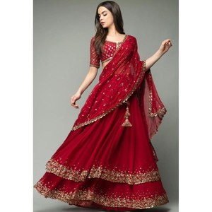 DESIGNER GEORGETTE EMBROIDERY and SEQUENCE WORK SEMI STITCHED LEHENA CHOLI for WOMEN <b>RED</b> - Product Image 1
