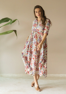 Robe à plusieurs niveaux imprimé fleuri solide pour femmes col tournant tissu tricoté impression numérique taille naturelle teint uni saison d'automne - Product Image 4