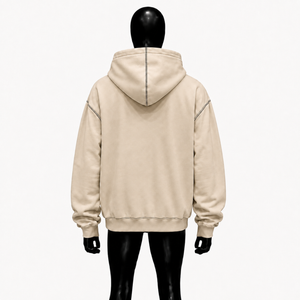 Sudadera con capucha beige extragrande personalizada para hombre, de forro polar grueso, estilo urbano, con hombros caídos y costuras en contraste. - Product Image 2