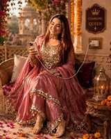 Ensemble Salwar Kameez en Soie Viscose Rose, Robe Traditionnelle Moderne Indienne et Pakistanaise pour Femme, Infroissable, Broderie Lourde, Idéal Diwali