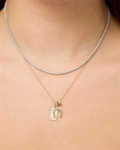 Personalized <b>Initial</b> Rectangle Charm Pave Set Custom Engraved Letter Round Lab Grown Diamond Pendant Necklace 14K 18K Solid Gold - Product Image 6