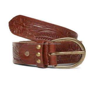 <b>Men's</b> High Quality Hand Carved Leaf Design Embossed Genuine Western <b>Leather</b> Tooling <b>Belt</b> with solid brass pin buckle <b>belt</b> - Product Image 4