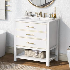 Modern 30-Inch Navy Blue/White Bathroom Vanity Combo with <b>Open</b> <b>Storage</b> & Two Drawers - Product Image 3