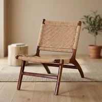 Chaise en bois vintage avec assise et dossier en corde naturelle tressée à la main, élégant mobilier de salon intérieur/extérieur pour le salon