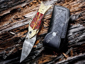 Couteau utilitaire pliant de camping en acier Damas gravé à la main, de haute qualité, à pointe tombante, 7,5 pouces, qualité OEM DIY - Product Image 6