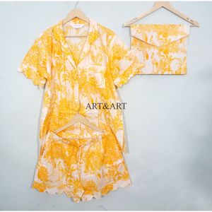 Conjunto de Pijama de Algodón con Estampado a Mano, Estilo Canguro, Hecho en India, Vintage, Hermoso, Ropa de Dormir Corta para Otoño, Verano y Primavera - Product Image 5