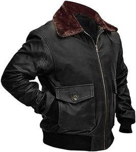 Men's <b>Brown</b> Genuine <b>Leather</b> Bomber <b>Jacket</b> With Zipper Closure And Front Pocket Turn-down Collar Moto Style Autumn Wear - Product Image 2