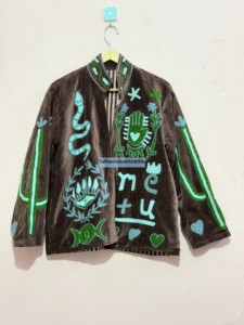 <b>Velvet</b> Embroidered Mandarin Collar Jacket <b>Women</b> Full Sleeve Lantern Sleeve Autumn <b>Coat</b> Hand Embroidery Pattern Boxy Fit - Product Image 2