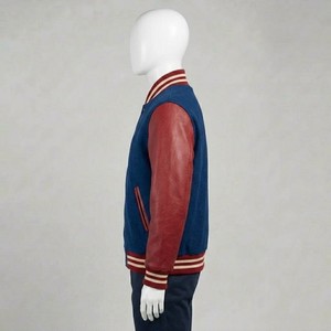 <b>Men's</b> Royal Blue Varsity <b>Jacket</b> With Burgundy Faux <b>Leather</b> Sleeves Ribbed Collar Snap Button Closure Casual Letterman Outerwear - Product Image 4
