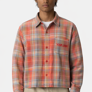 Chemise en flanelle à carreaux courte pour homme, style vintage délavé, manches longues, en coton tissé, décontractée - Product Image 2
