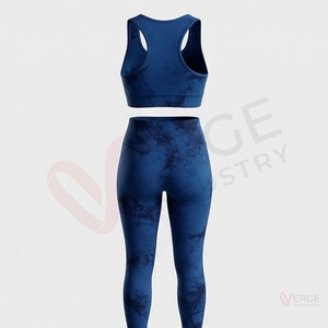 <b>Women</b> <b>Navy</b> Blue Tie Dye Yoga Set Racerback Crop Top High Waist Full Length <b>Leggings</b> 2 Piece - Product Image 2