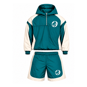 Mens Teal Colorblock Nylon <b>Hoodie</b> Shorts Set Lightweight Quarter Zip Sports Training <b>Running</b> Fitness Casual Activewear Outfit - Product Image 1