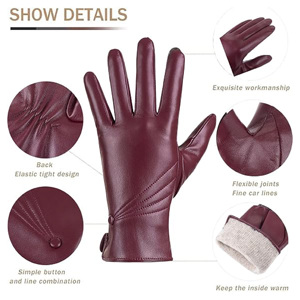 Guantes de Vestir de Cuero Genuino de Lujo para Mujer, Cálidos y Suaves para Invierno, de Piel de Oveja, Diseño de Costura a la Moda en Color Granate, Estilo Real - Product Image 2