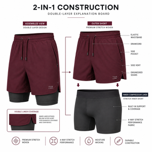 2-In-1 Double <b>Layer</b> Eco-Friendly Waterproof Men's Gym Running Bermuda Shorts Side Pockets Drawstring Waist Elastic Waistband - Product Image 2