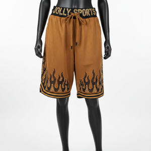 Pantalones Cortos de Baloncesto Transpirables de Malla de Poliéster de 160 GSM, Color Café, con Lentejuelas de Llama, Logotipo Personalizado y Bajo con Rayas - Product Image 6