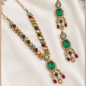Ensemble collier et boucles d'oreilles ethniques pour femmes JeweleMarket, plaqué or, avec cristaux Meenakari et strass multicolores, pour mariage - Product Image 1