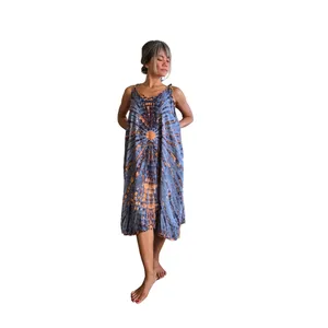 Women Rayon Boho Tie Dye Midi Dress Sleeveless Spaghetti Strap Round Neck Blue Brown Casual Beach Wear - Product Image 1