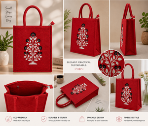 Sac fourre-tout en jute rouge avec impression à la main bicolore, fermeture éclair, sac de shopping réutilisable écologique - Product Image 3