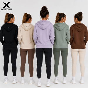 Sudadera con capucha para mujer con cremallera, de color liso, de algodón polar transpirable, informal, con bolsillo y logo X, para otoño, OEM/ODM, de moda - Product Image 2